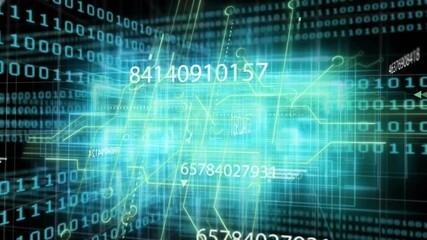 Poster - Binary stream flowing spawning neon-blue wireframe block pulsing numeric labels updating live data