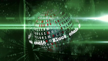Poster - Emerging from network grid, rotating 3D sphere showcasing blockchain data with pulsing light beam