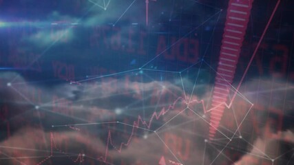 Poster - Glowing points appearing initiating mesh forming and red bars pulsing over pink clouds showing data