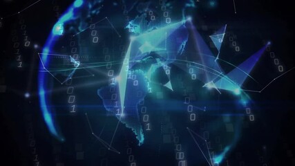 Poster - Upon binary streams appearing, polygons rotating and converging into digital globe for data display