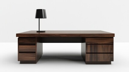 Poster - Modern wooden desk with black lamp, drawers, minimalist design, office furniture.