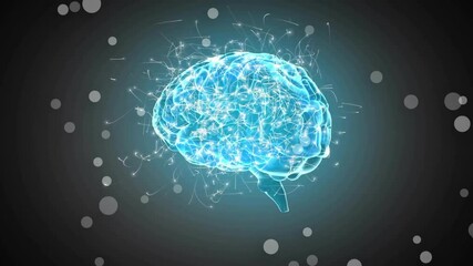 Poster - Upon starting, 3D brain hologram appearing, rotating with tracing pulses showing neural data flow
