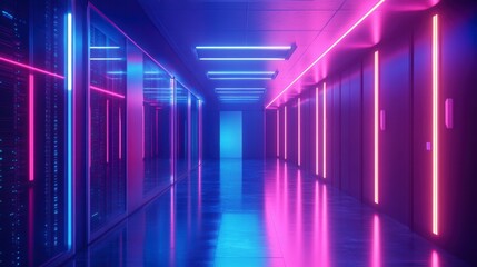 Fototapete - Neon-lit corridor in a modern data center with reflective floor and servers.