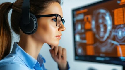 Poster - Focused Female Analyst: A concentrated woman, engrossed in her work, dons headphones as she meticulously analyzes the intricate data displayed on a computer screen.