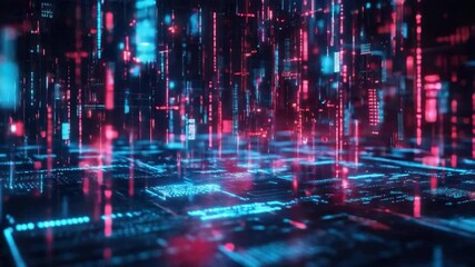 Fototapete - Digital Cityscape: An electrifying digital cityscape bursts with vibrant neon lights, reflecting a world of advanced technology and futuristic data streams. Witness the pulse of innovation.