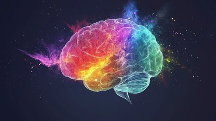 Poster - Colorful brain illustration with vibrant particles.