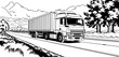 © Naksit - Black and white line art of a cargo truck driving on a road, truck,  outline