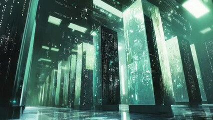 Fototapete - Digital Fortress: A futuristic server room, illuminated with vibrant, digital glow, symbolizing the heart of modern technological advancements.