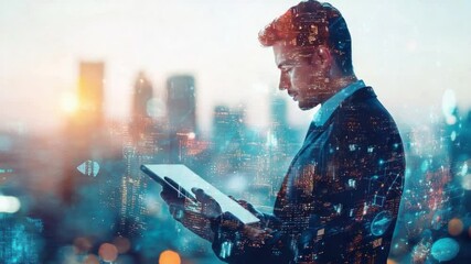 Poster - Smart Business and Cityscape: A focused individual, engrossed in their digital tablet, stands against the backdrop of a bustling city. Capturing the essence of business in an urban environment.