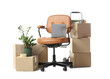 © Pixel-Shot - Office chair with laptop and moving  boxes on white background