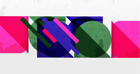Poster - Abstract composition featuring overlapping geometric shapes. Pink, green, navy dominate neutral background. Modern design elements present.
