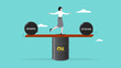 © Vanz Studio - crude oil stock and bonds in balance, amount of oil demand that corresponds to market supply, balance of global oil supply and demand, woman standing on oil barrel balancing stock and bond balls