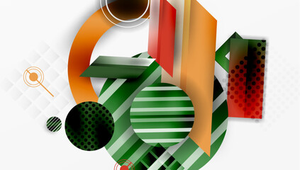 Poster - Abstract geometric composition. Shapes overlap, creating dynamic visual interest. Colors include green, orange, red, gray. Modern design elements present.