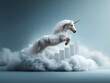 © Anatthaphon - Unicorn leaping over financial bar graph in clouds, symbolizing growth, fantasy, and success in dreamy atmosphere