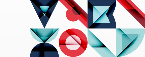 Poster - Abstract geometric shapes, triangles, circles, curves. Blue, red colors dominate composition. Minimalist design, clean lines, modern aesthetic.