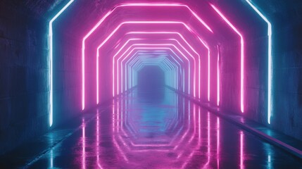 Fototapete - Neon lights illuminate a reflective tunnel with pink and blue glowing octagons.