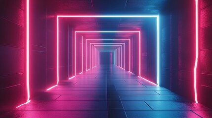 Fototapete - Neon pink and blue lights illuminate a futuristic corridor.