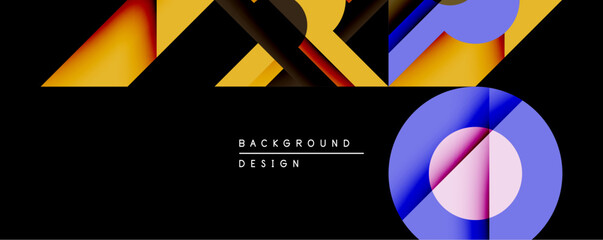 Poster - Abstract geometric shapes dominate black background. Vivid orange, yellow, blue hues create dynamic composition. Circular element adds contrast, visual interest. Modern design aesthetic.