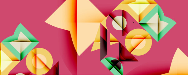 Aufkleber - Abstract geometric composition. Shapes overlap, creating dynamic visual interest. Warm yellows, cool greens contrast against deep red background. Modern design elements present.