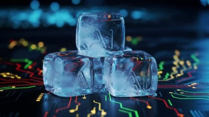 Poster - AI Inscribed Ice Cubes Stacked on a Colorful Circuit Board with Bokeh Effect in the Background Optimized for Adobe Stock Photo