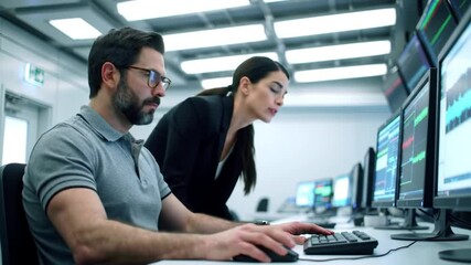 Poster - Business Professionals Analyzing Financial Data on Multiple Monitors in Control Room with Bright Lighting and Business Casual Attire
