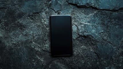 Poster - Black smartphone with blank screen on dark stone background.