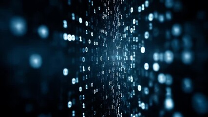 Binary code data stream flowing in digital space with glowing numbers on dark background