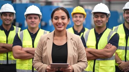 Poster - Smiling Woman Holding Tablet with Diverse Team Wearing Vests and Hard Hats in Factory Setting for Engineering Industry