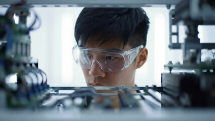 Poster - Young Asian Man in Safety Glasses Working on Electronics in a Clean White Studio Focused on Intricate Details and Precision Equipment