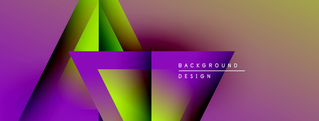 Poster - Abstract geometric shapes, vibrant purple, green hues blend. Modern design elements create dynamic visual impact. Background features text overlay.