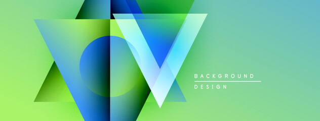 Poster - Abstract geometric shapes overlap, creating vibrant gradients. Green, blue hues dominate design, suggesting modern aesthetic. Text reads background design.