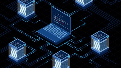Fototapete - Abstract isometric high technology animation. Cloud storage isometric illustration. Big data center with server. Server room. Transparent background with alpha channel