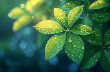 Wall Mural - Green Leaves Mockup with Water Droplets and Dreamy Background

