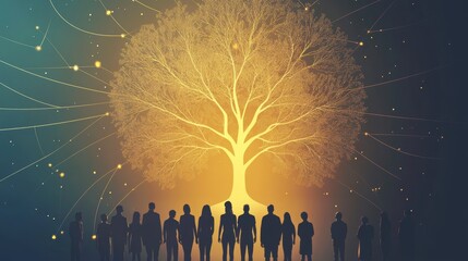 Poster - Silhouetted people stand before a glowing, ethereal tree, symbolizing connection and community.