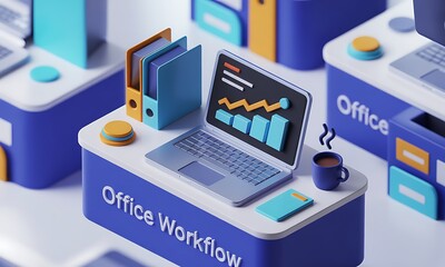 Poster - Computer Renders display Office Workflows, illustrating business analytics, with a clean, 3D rendering style and copy space