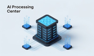 Poster - AI Processing Center Renders Data, symbolizing computational power in a clean, modern concept with copy space and isometric view.