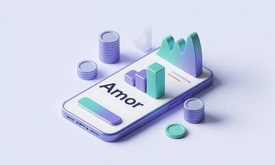 Poster - Smartphone displays 'Amor' with Bar Graph, representing financial growth and success in a minimalist 3D rendering, with copy space.