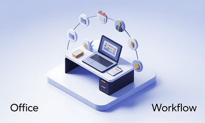 Poster - Laptop on Desk Connects Digital Icons in Modern Office, Illustrating Workflow Efficiency and Teamwork Concept with Copy Space