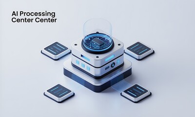 Poster - AI Processing Center Concept Renders Data Nodes in a futuristic technology hub, symbolizing artificial intelligence with copy space, on a clean white background.