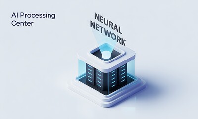 Poster - AI Processing Center visualizes a Neural Network, creating a futuristic and clean technology concept, with copy space.