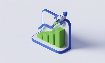 Poster - Rocket Launches from a Bar Graph Symbolizing Growth, on a Clean White Surface, representing business success with copy space and dynamic upward motion.