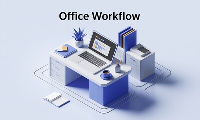 Poster - Modern desk setup displays a laptop in a clean office environment, depicting a workflow concept with copy space, in a conceptual, minimalist style.