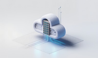 Poster - Cloud Server Shows Data Transmission in a Clean, Conceptual Illustration of Cloud Computing with Copy Space.
