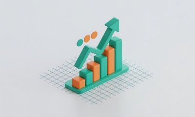 Poster - Isometric graph rises, representing growth in a clean setting, conveying business success and financial increase, with copy space.