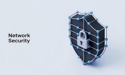 Poster - Padlock on a shield secures network, symbolizing cybersecurity and protection in a digital environment, with copy space.