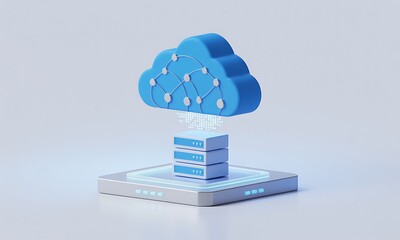 Poster - Cloud Computing: Illustrative cloud icon transmits data to servers on a platform, conveying a modern technology concept with a clean, minimalist design and copy space.