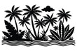 © farzana - Stylized Island Vegetation Scene Featuring Palm Trees, Flowering Plants, and Bold Tropical Leaves in a Bold Graphic Silhouette Design.eps