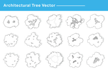 cad drawings. set tree outlines isolated on white background. tree plan drawing, elements for enviro