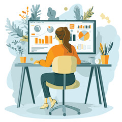 Poster - flat vector business women working online at home office on web monitor dashboard with internet network connection technology concept, vector style simple color