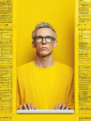 Poster - Modern young computer scientist in vibrant yellow outfit working on keyboard in high-tech server room showcasing digital innovation and expert teamwork